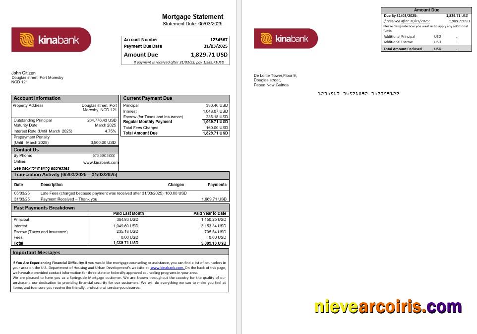 Papua New Guinea Kina Securities Limites bank mortgage statement